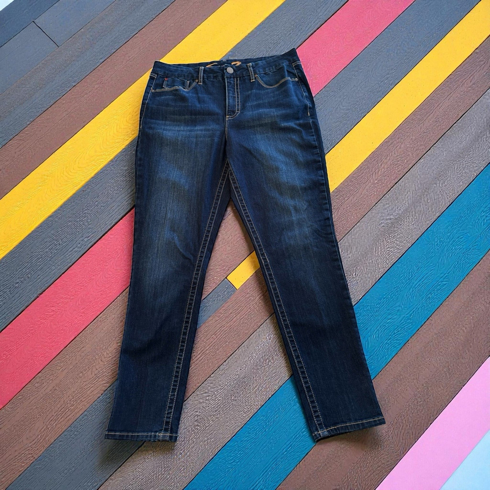 Seven7 Tummyless High Rise Skinny Jeans Womens 16 Blue Denim Leather Logo